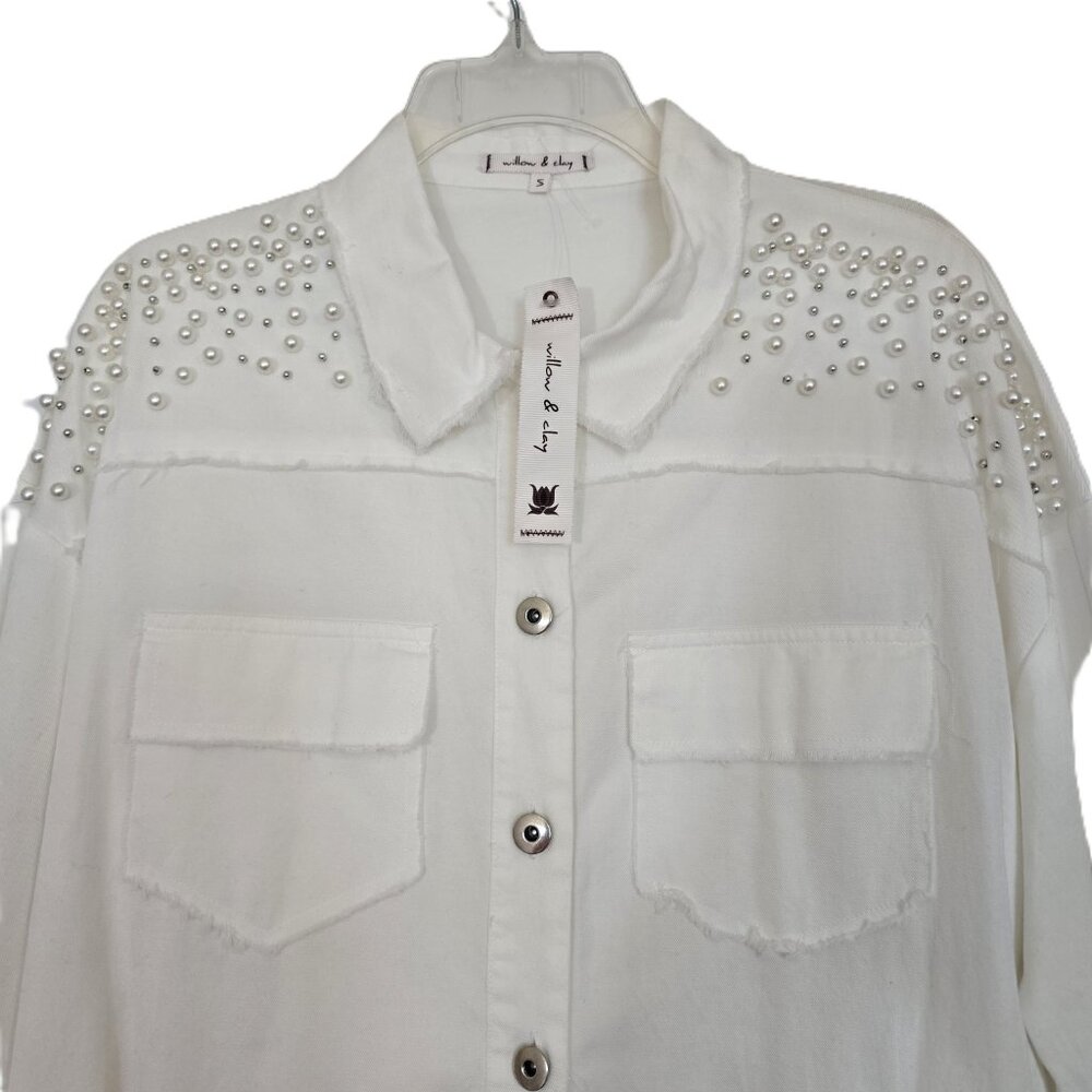 NWT Willow & Clay White Pearl Ebellished Denim Shirt Shacket LS Size Small